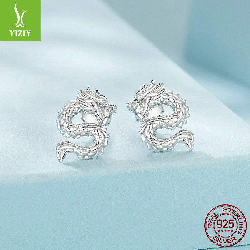 Silver Charm Original China-Chic Style Flying Dragon Pure Silver Ear Studs Mysterious Male and Female Personality 925 Sterling Silver Dragon Ear Studs Earrings
