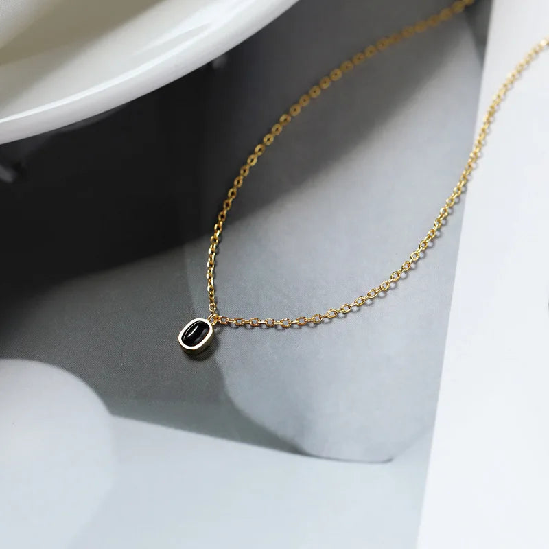 925 Sterling Silver Black Agate Pendant Necklace for Women Simple Korean ins 18k Gold Plated Clavicle Chain fine Jewelr