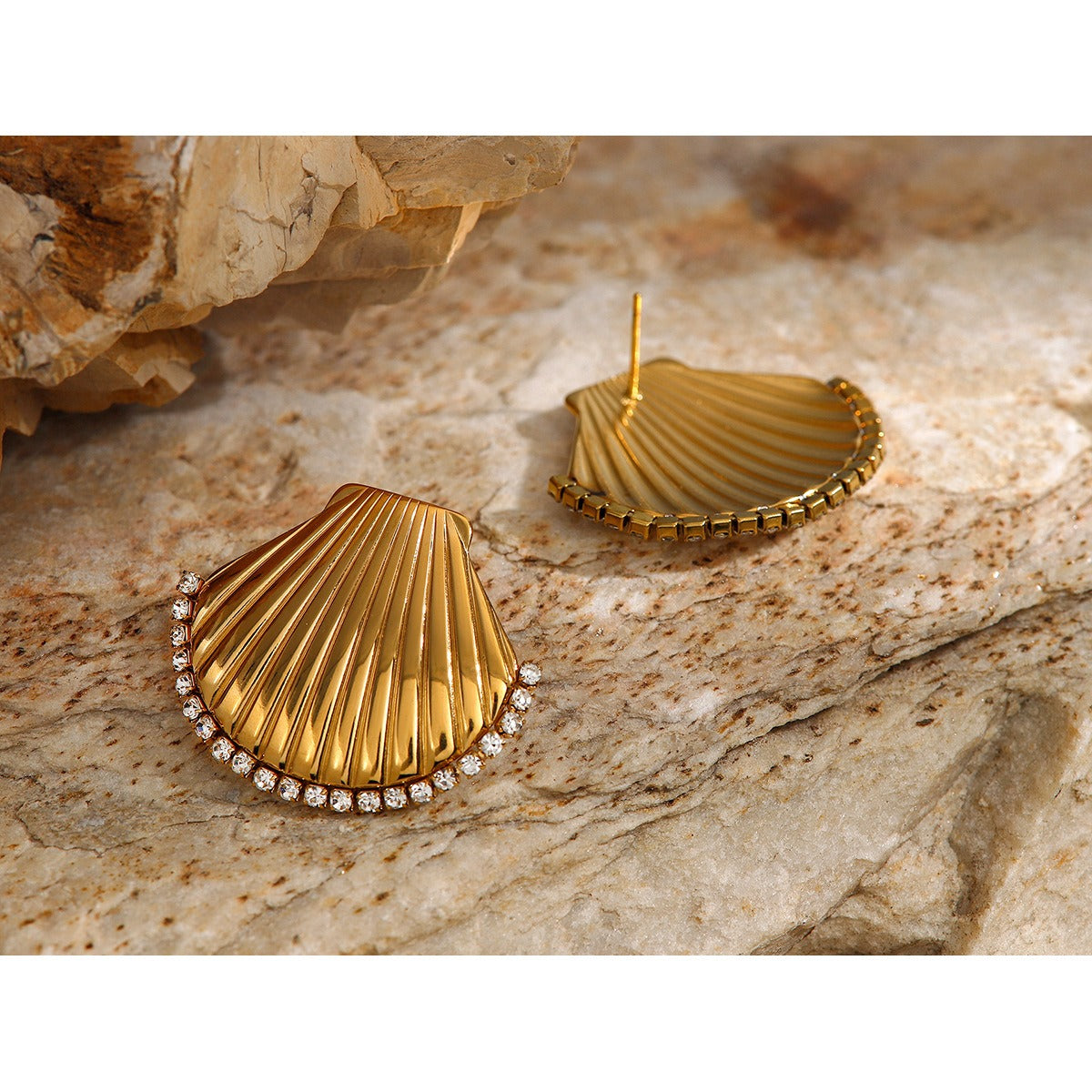 Scalloped shell earrings with rhinestones and titanium steel earrings