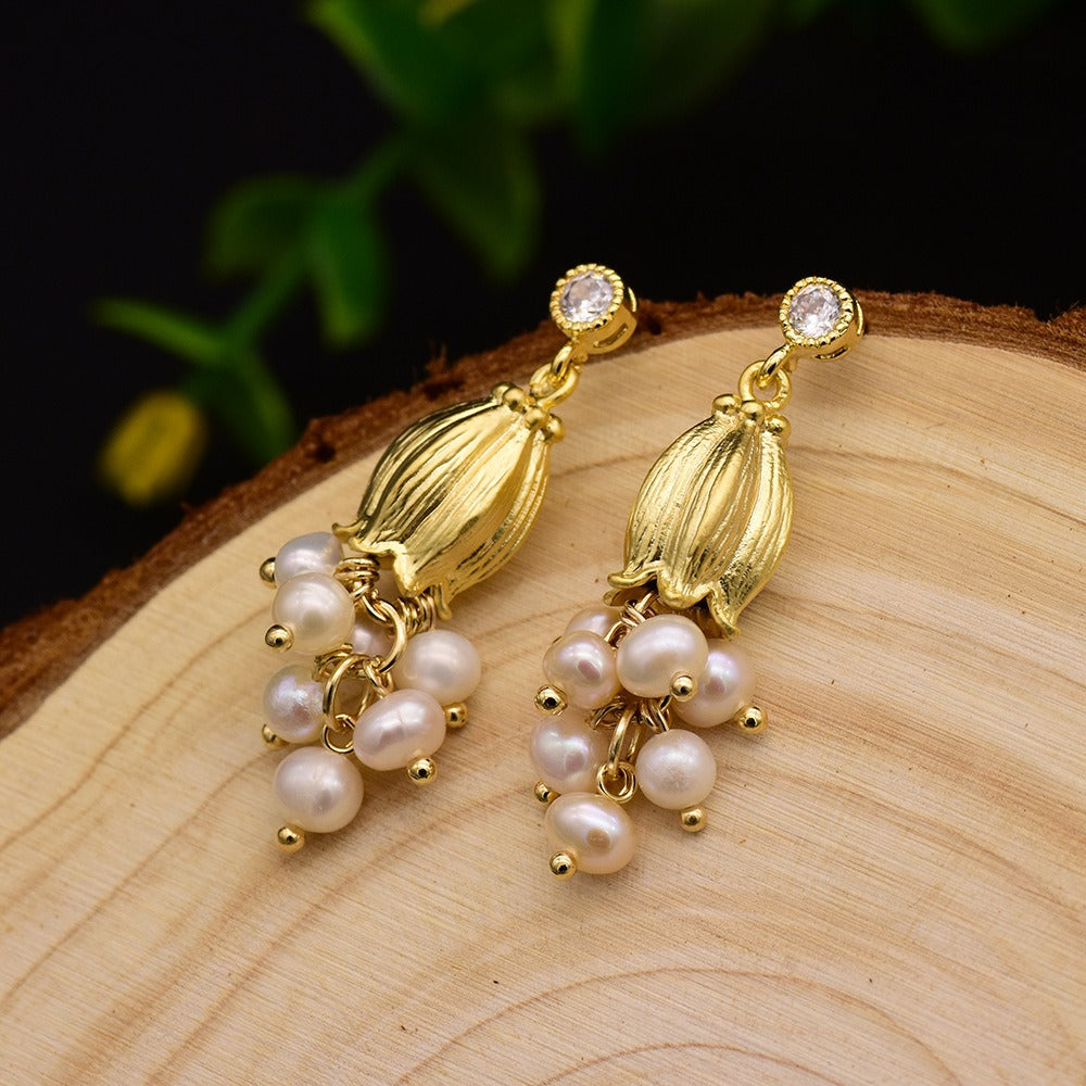 Natural Pearl 925 Silver Needle Flower Earrings