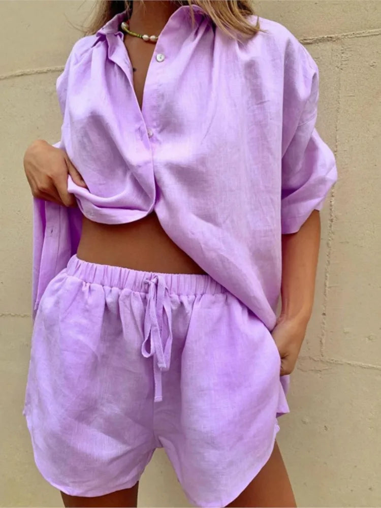 Casual Cotton Linen Solid Color Sets Women Short Sleeve Loose Shirt Wide Leg Shorts Two Piece Set Woman Suits 2023 Summer