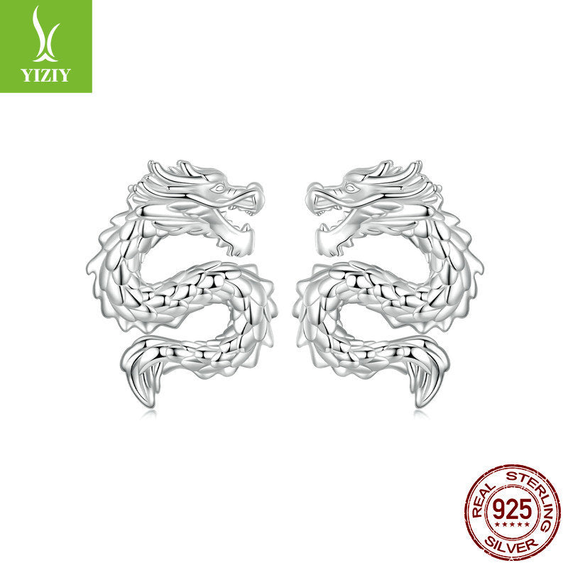 Silver Charm Original China-Chic Style Flying Dragon Pure Silver Ear Studs Mysterious Male and Female Personality 925 Sterling Silver Dragon Ear Studs Earrings