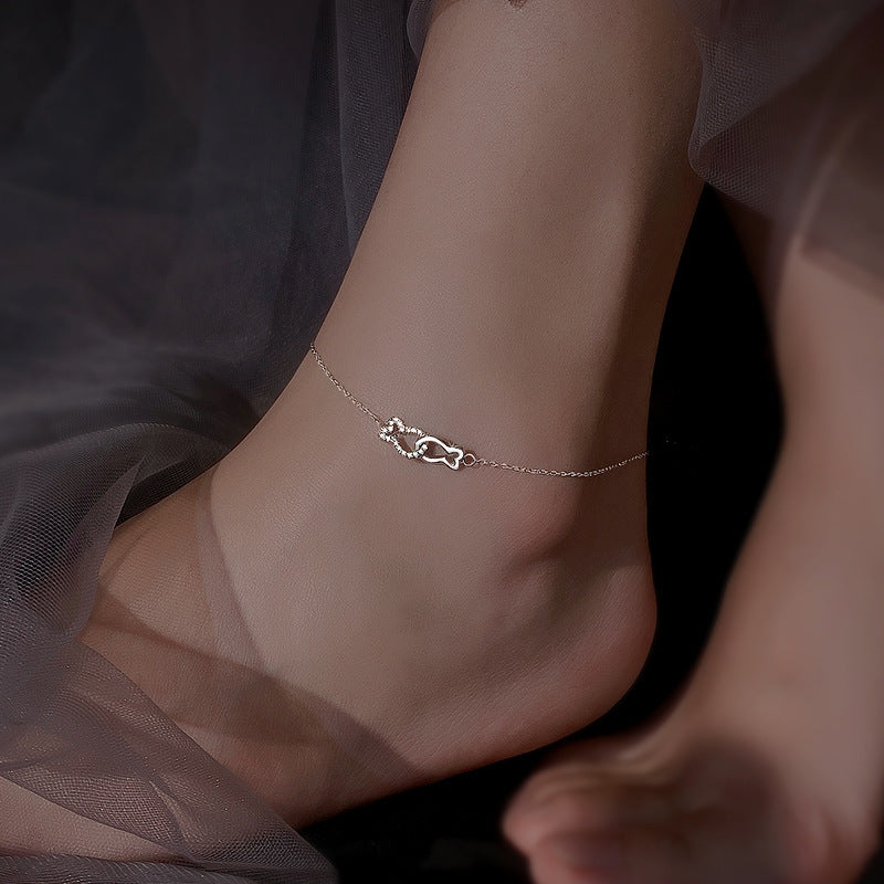 Kissing Fish Anklet 925 Sterling Silver Silver Fish Anklet Small Fresh Forest Series Small Foot Ring Summer New Trend