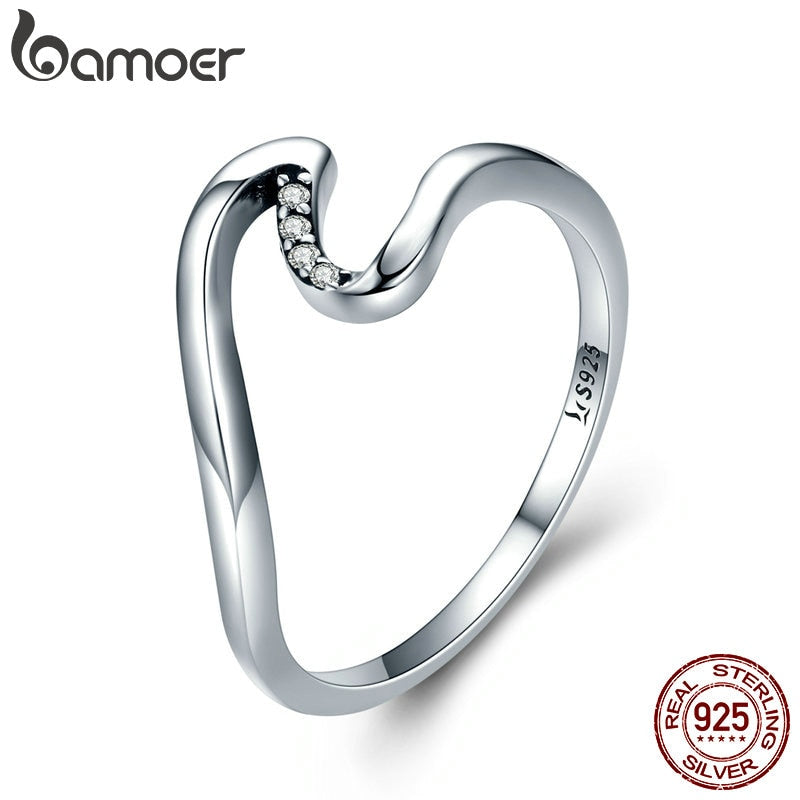 BAMOER Authentic 100% 925 Sterling Silver Geometric Wave Finger Rings for Women Wedding Engagement Jewelry