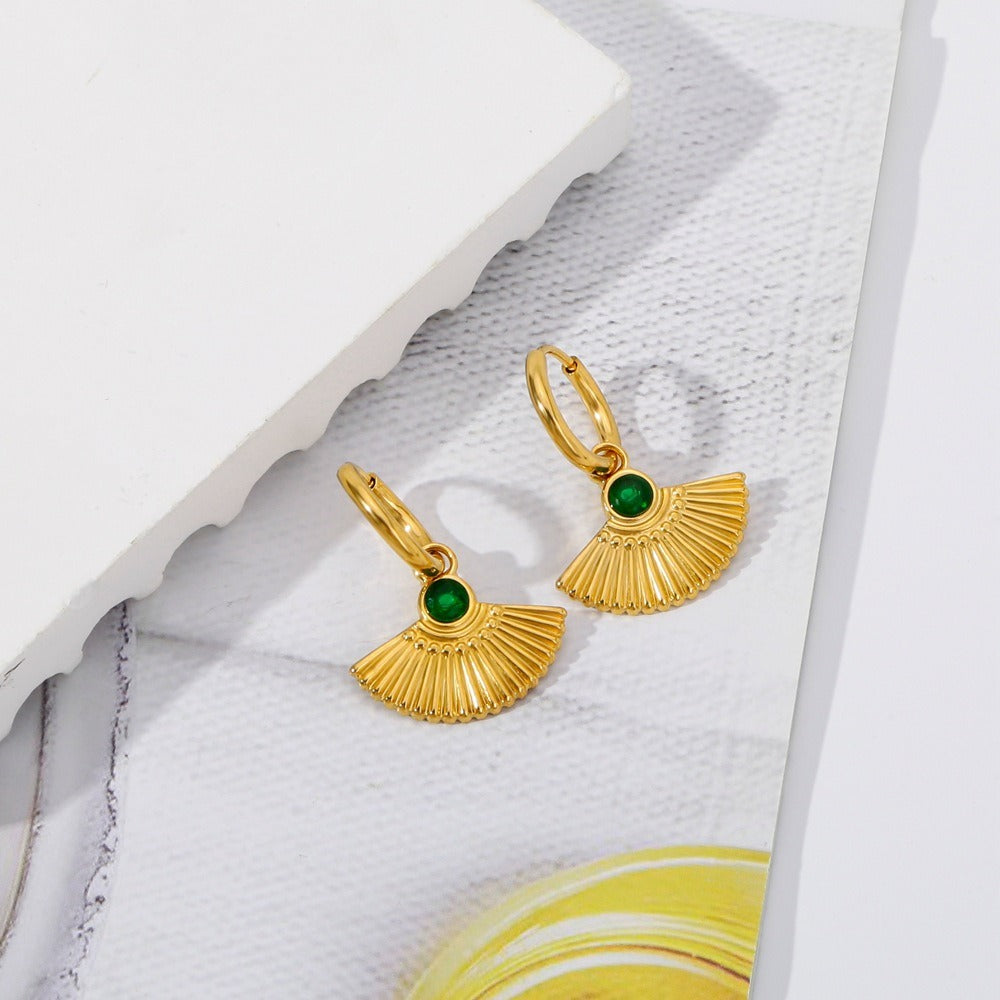 New Retro Round Green Zircon Fan Shaped Pendant Earrings 18K Gold Stainless Steel Earrings For Women