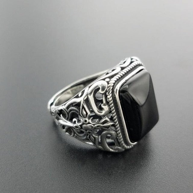 Real 925 Sterling Silver Vintage Rings For Men Natural Black Onyx Stone Square Shape Hollow Cross Flower Carved Punk Jewelry