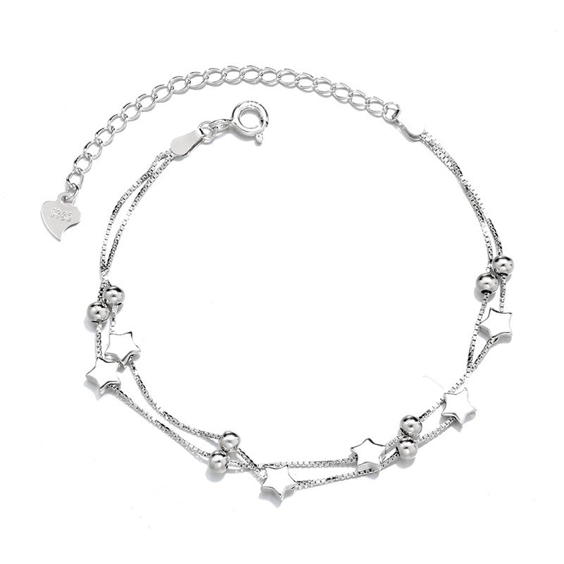 S925 Sterling Silver Bead Bracelet Women's Korean Version Of The Simple Five-Pointed Star Double-Layer Wild Fresh Personality Star Anklet