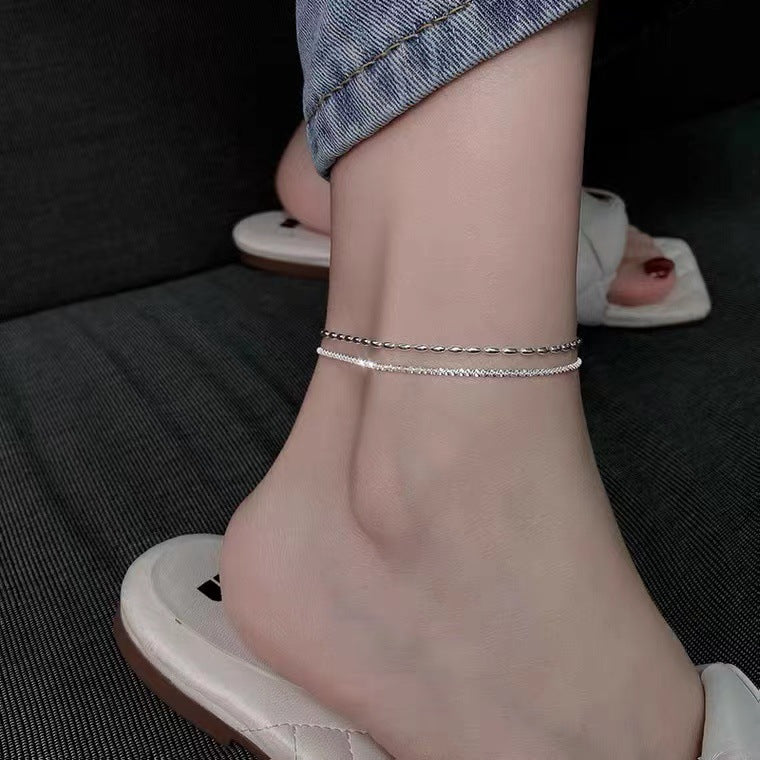 S925 Sterling Silver Rice Grain Gypsophila Double Layer Anklet Women's New Trendy Anklet Women's Foot Chain Foot Jewelry