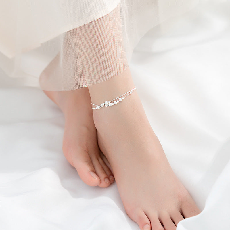 Ai Luoqi S925 Silver Simple Frosted Bead Anklet Feminine Temperament Double Silver Pea Bean Literary Foot Ornament