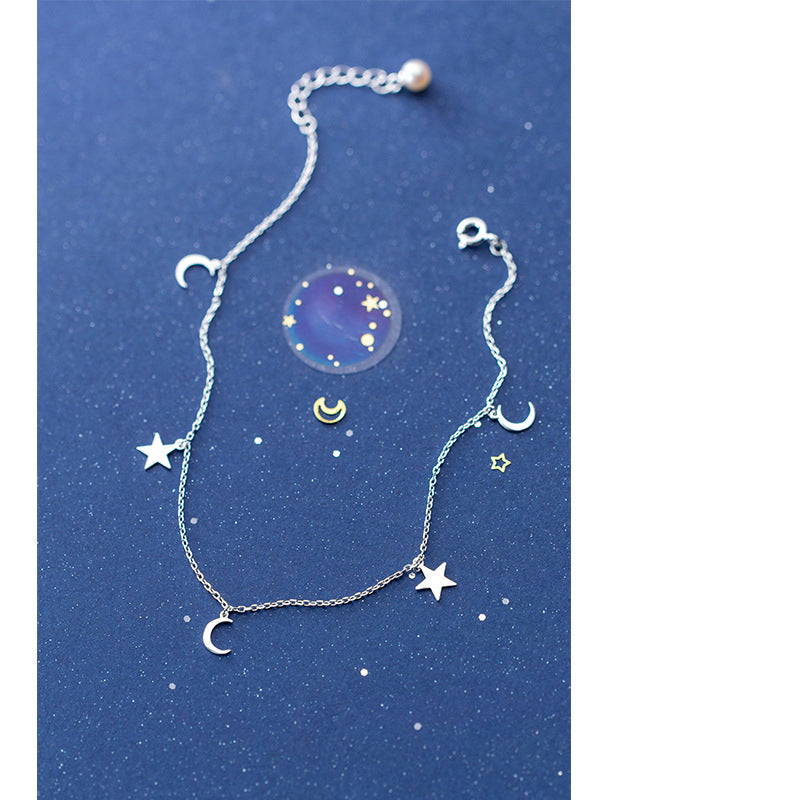 S925 Silver Anklet Women Fashion Pearl Anklet Cute Star Moon Anklet Pentagram Foot Jewelry