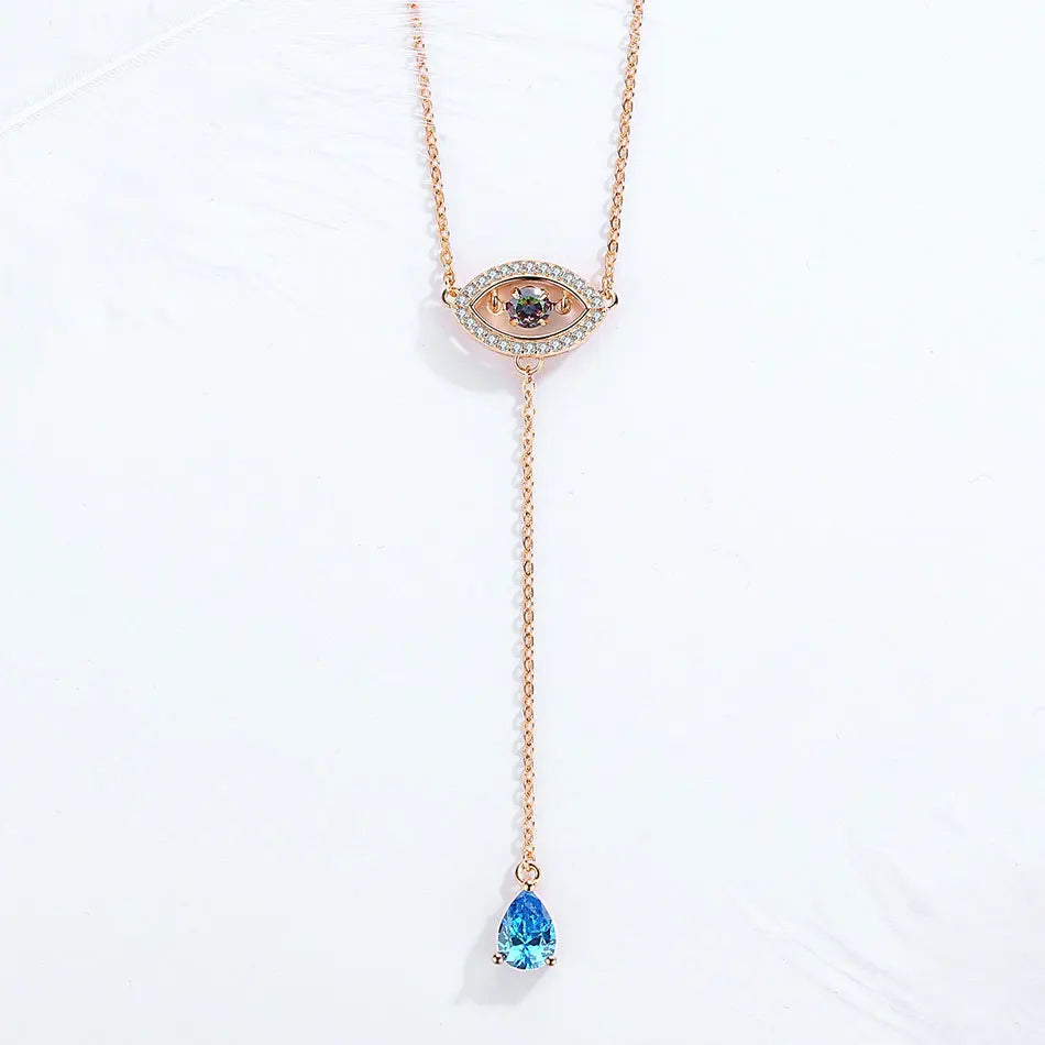 925 Sterling Silver Necklace Women Water Drop Pendant Evil Eye Necklace Blue Zircon Long Chain Turkey Jewelry