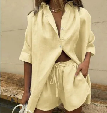 Casual Cotton Linen Solid Color Sets Women Short Sleeve Loose Shirt Wide Leg Shorts Two Piece Set Woman Suits 2023 Summer