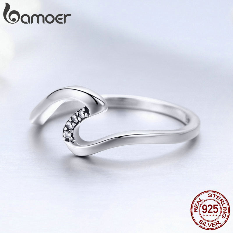 BAMOER Authentic 100% 925 Sterling Silver Geometric Wave Finger Rings for Women Wedding Engagement Jewelry