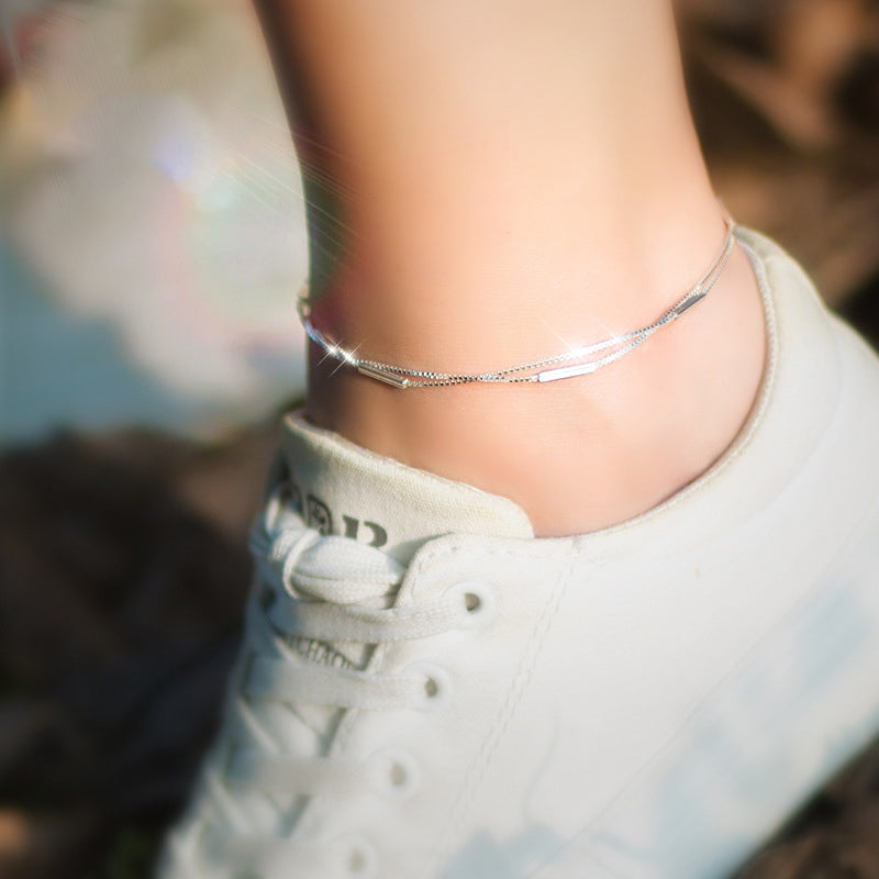 S925 Silver Anklet Women's Fashion Simple Word Round Stick Anklet Sen Series Literary Double-Layer Anklet Jewelry Women