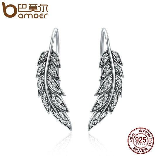 BAMOER 925 Sterling Silver Vintage Feather Wings Long Drop Earrings SCE215