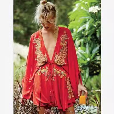 Bohemian style cotton linen embroidered V-neck embroidered dress