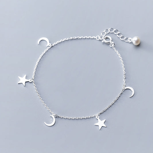 S925 Silver Anklet Women Fashion Pearl Anklet Cute Star Moon Anklet Pentagram Foot Jewelry