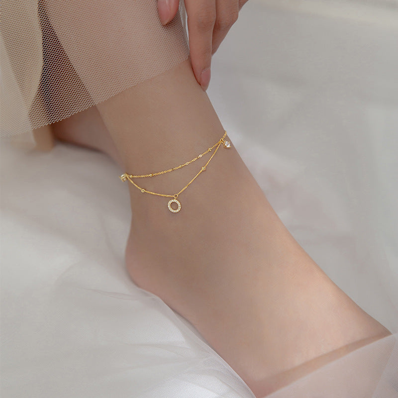 S925 Silver Flash Diamond Ring Anklet Summer Double-Layer Simple Temperament Diamond Korean Version Women's Anklet