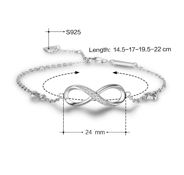 Womens 925 Sterling Silver Infinity Endless Love Symbol Charm Adjustable Bracelet for Women