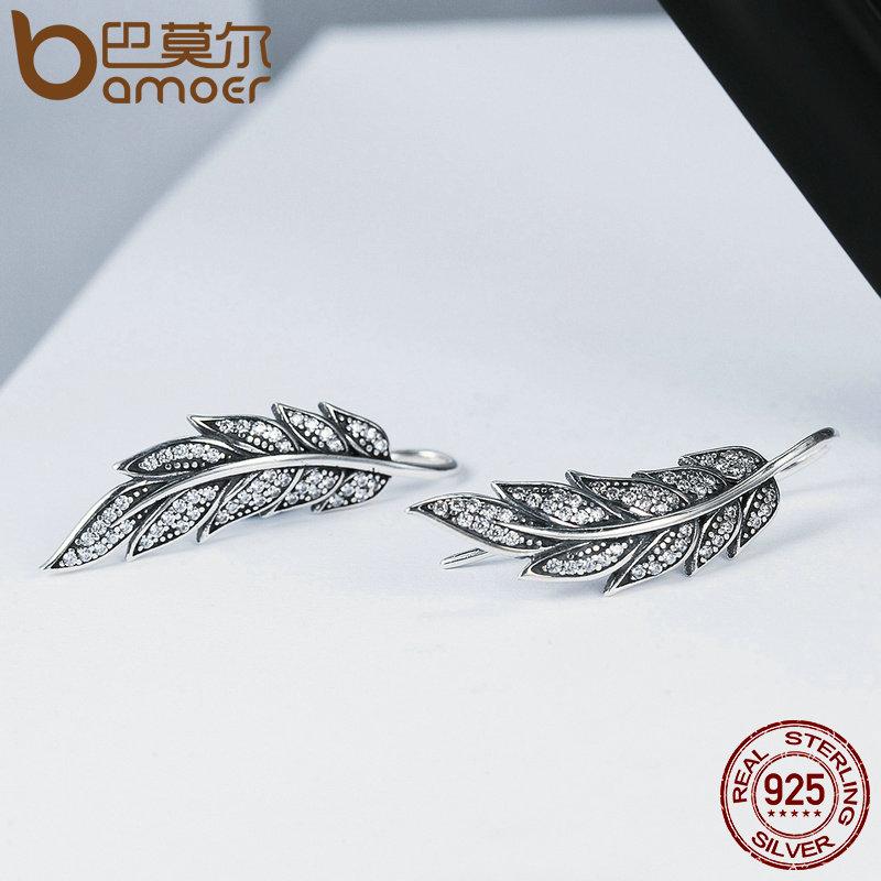 BAMOER 925 Sterling Silver Vintage Feather Wings Long Drop Earrings SCE215