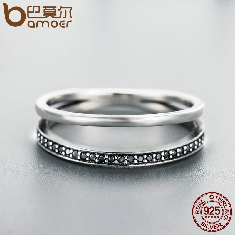 BAMOER 925 Sterling Silver Double Circle Black Clear CZ Stackable Finger Ring SCR082