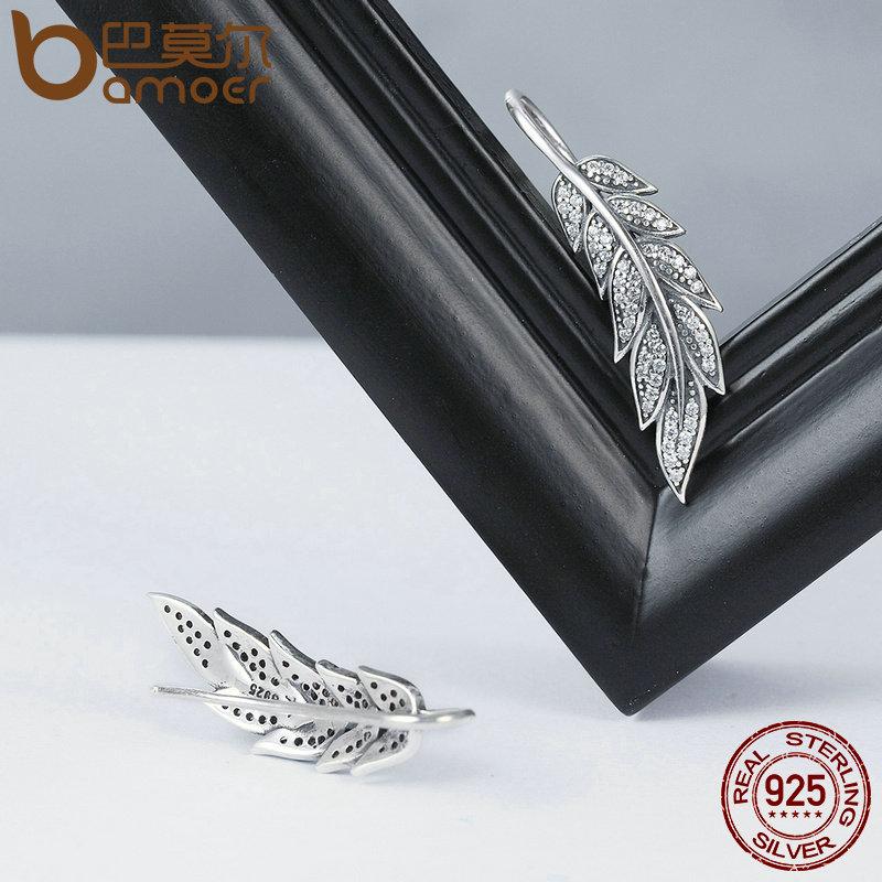 BAMOER 925 Sterling Silver Vintage Feather Wings Long Drop Earrings SCE215