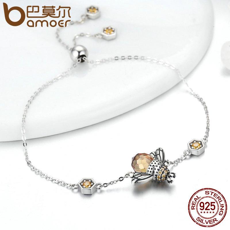 BAMOER 925 Sterling Silver Dancing Honey Bee Chain Link Women Bracelet SCB043