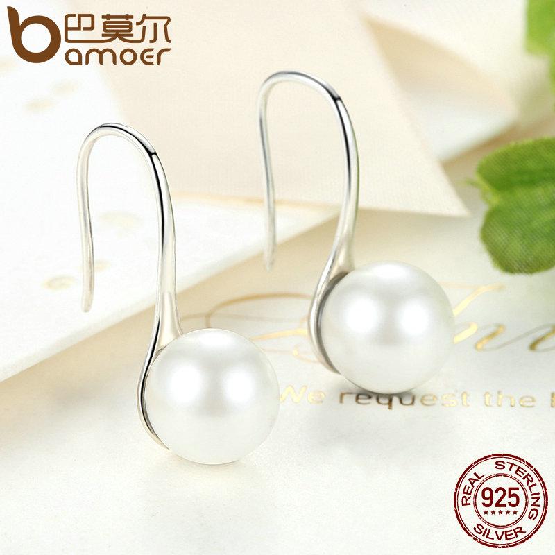 BAMOER 925 Sterling Silver Elegant Round Pure Love Pearl Drop Earrings SCE037