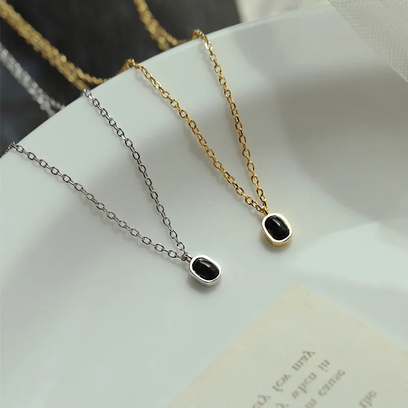 925 Sterling Silver Black Agate Pendant Necklace for Women Simple Korean ins 18k Gold Plated Clavicle Chain fine Jewelr