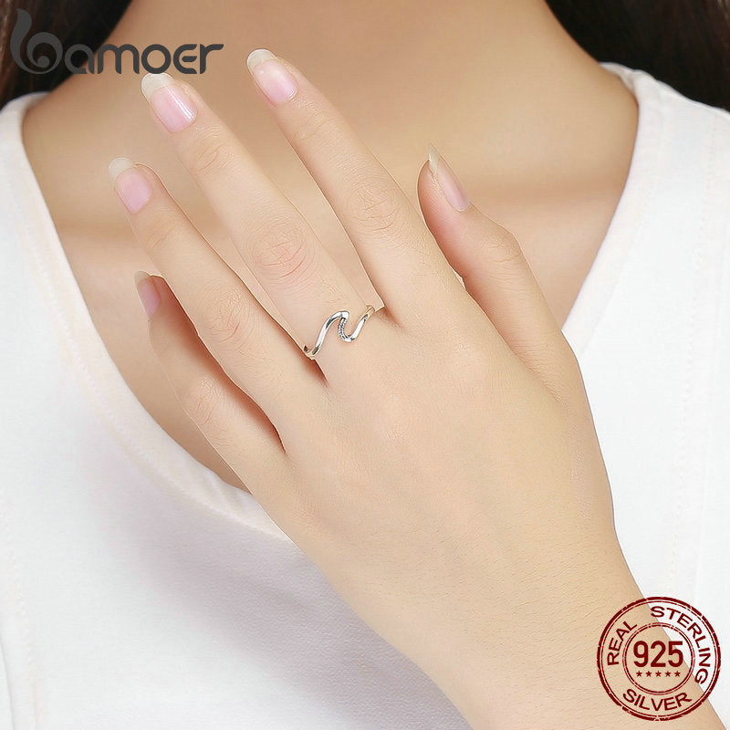 BAMOER Authentic 100% 925 Sterling Silver Geometric Wave Finger Rings for Women Wedding Engagement Jewelry