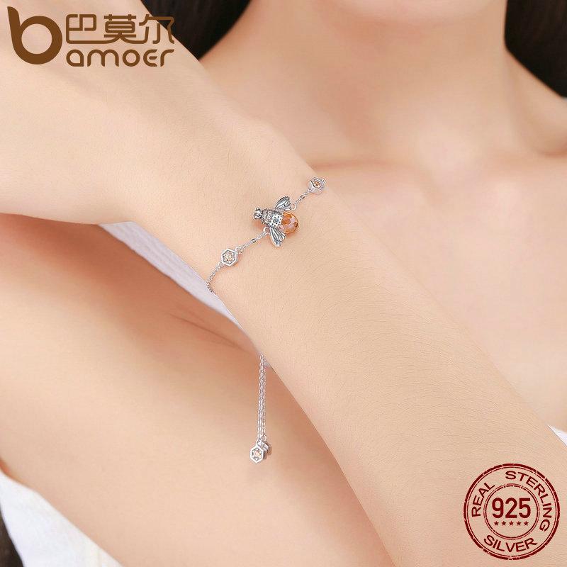 BAMOER 925 Sterling Silver Dancing Honey Bee Chain Link Women Bracelet SCB043