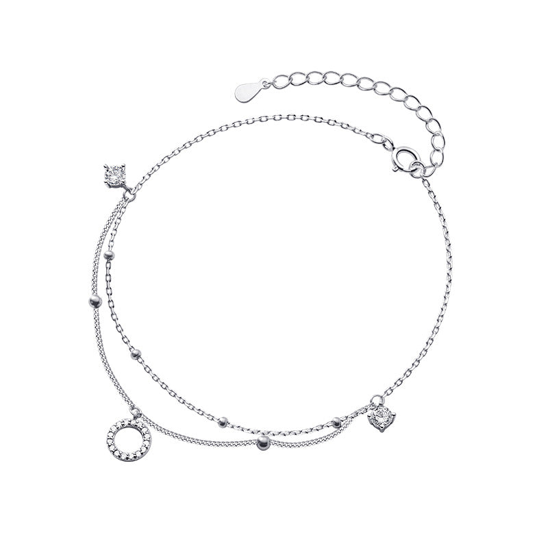 S925 Silver Flash Diamond Ring Anklet Summer Double-Layer Simple Temperament Diamond Korean Version Women's Anklet