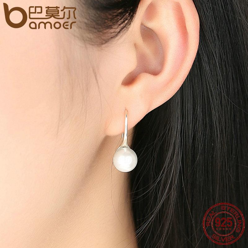 BAMOER 925 Sterling Silver Elegant Round Pure Love Pearl Drop Earrings SCE037