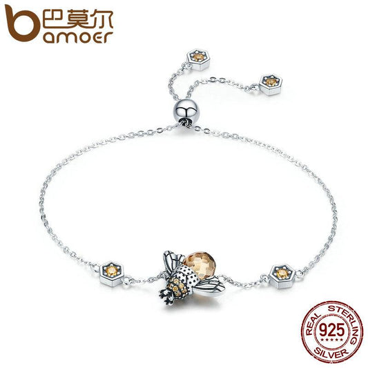 BAMOER 925 Sterling Silver Dancing Honey Bee Chain Link Women Bracelet SCB043