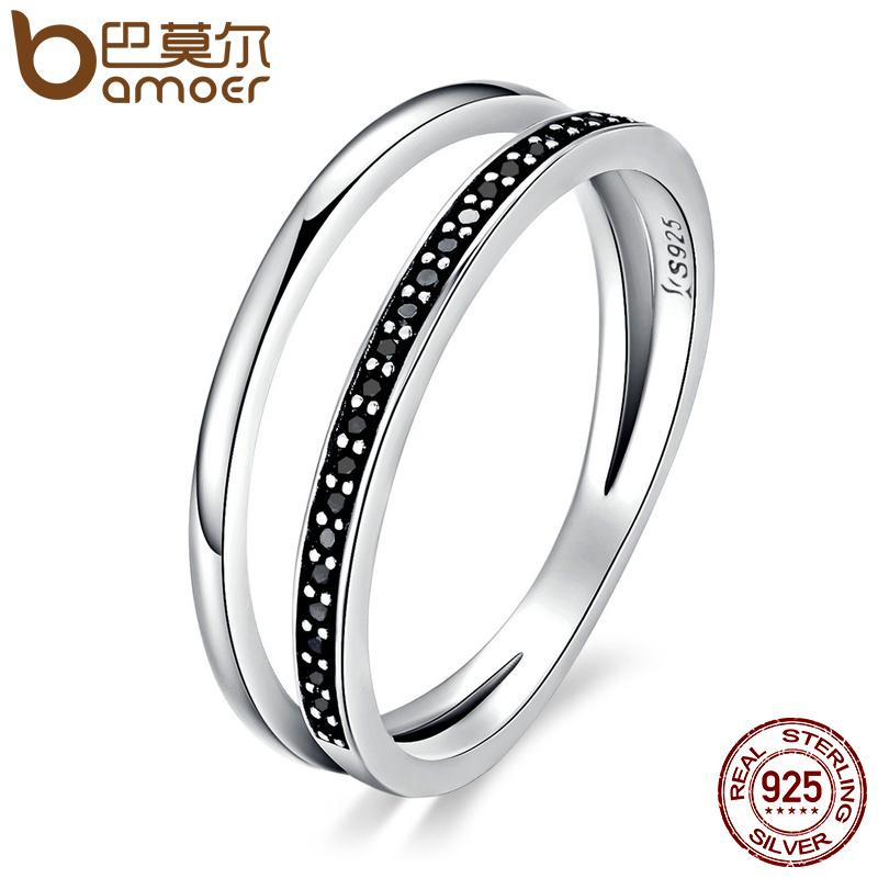 BAMOER 925 Sterling Silver Double Circle Black Clear CZ Stackable Finger Ring SCR082