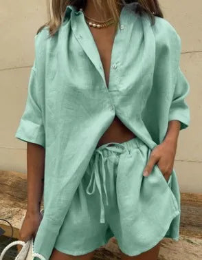 Casual Cotton Linen Solid Color Sets Women Short Sleeve Loose Shirt Wide Leg Shorts Two Piece Set Woman Suits 2023 Summer