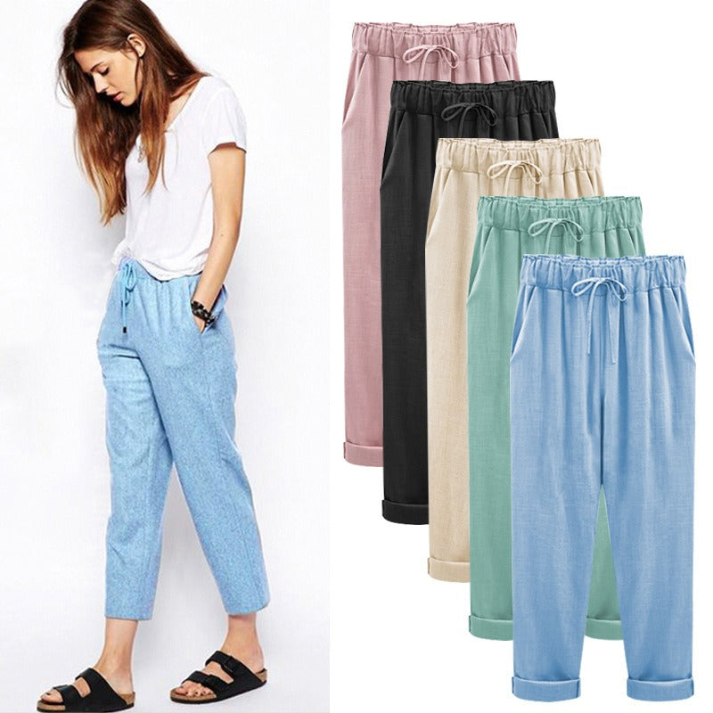 Pants women's cotton and linen cropped pants loose and thin linen women's pants