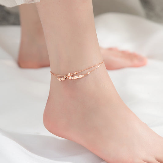 Ai Luoqi S925 Silver Simple Frosted Bead Anklet Feminine Temperament Double Silver Pea Bean Literary Foot Ornament