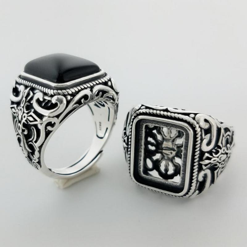 Real 925 Sterling Silver Vintage Rings For Men Natural Black Onyx Stone Square Shape Hollow Cross Flower Carved Punk Jewelry