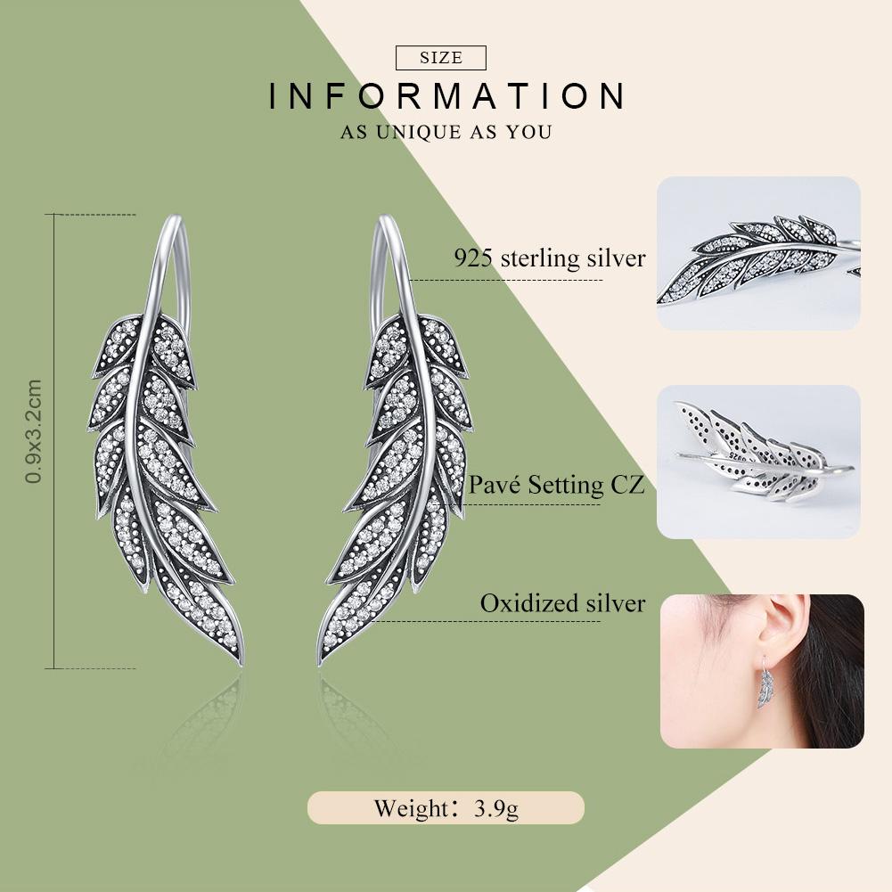 BAMOER 925 Sterling Silver Vintage Feather Wings Long Drop Earrings SCE215