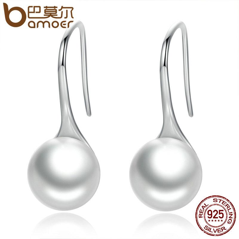 BAMOER 925 Sterling Silver Elegant Round Pure Love Pearl Drop Earrings SCE037