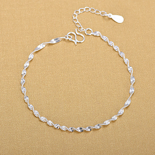 Korean S925 Silver Bracelet Anklet Ladies Wave Water Pattern Jewelry Simple Small Fresh Twisted Rope Thin Chain