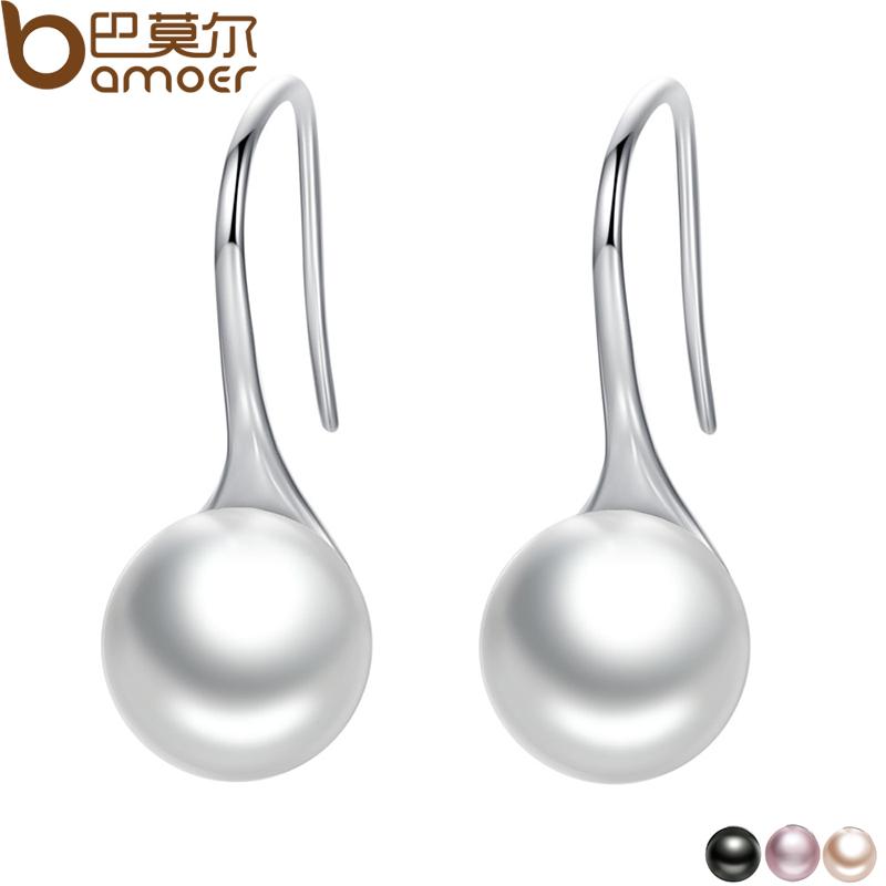 BAMOER 925 Sterling Silver Elegant Round Pure Love Pearl Drop Earrings SCE037