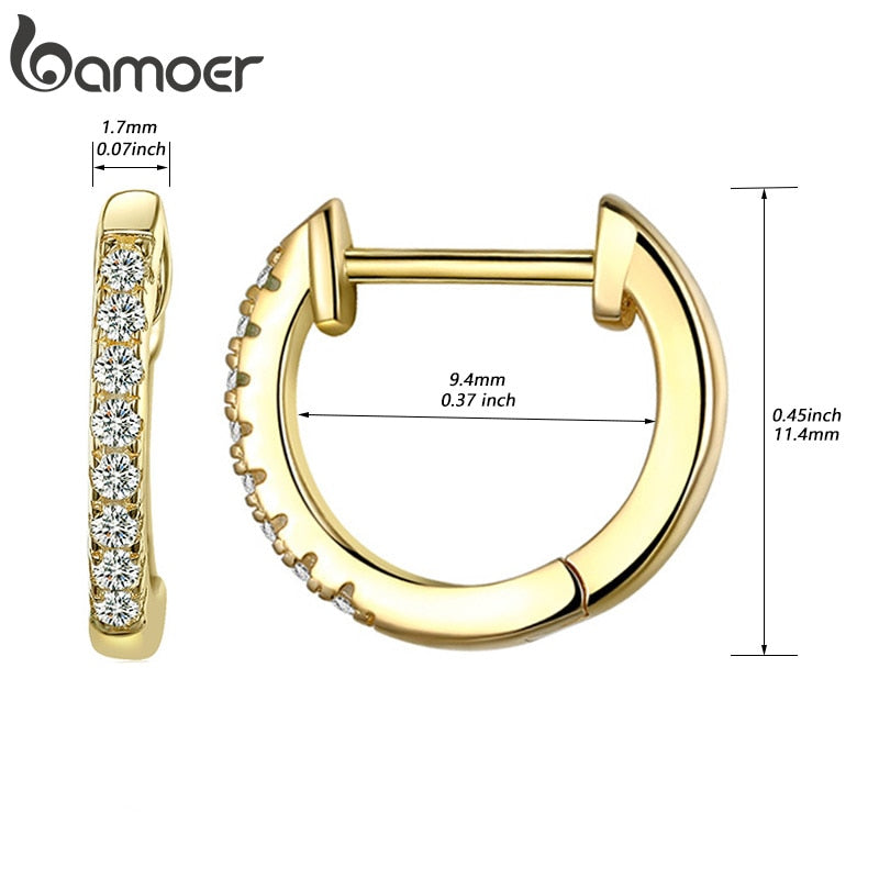 Bamoer 14K Gold Plated 925 Sterling Silver Cuff Earrings with Cubic Zircon, 10 Colors Huggie Stud for Women Girl SCE498