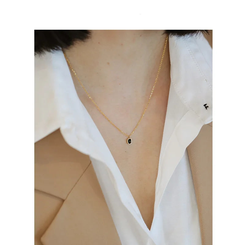 925 Sterling Silver Black Agate Pendant Necklace for Women Simple Korean ins 18k Gold Plated Clavicle Chain fine Jewelr