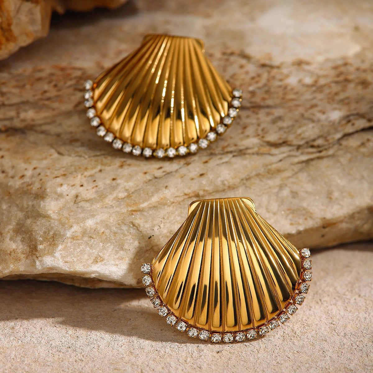 Scalloped shell earrings with rhinestones and titanium steel earrings