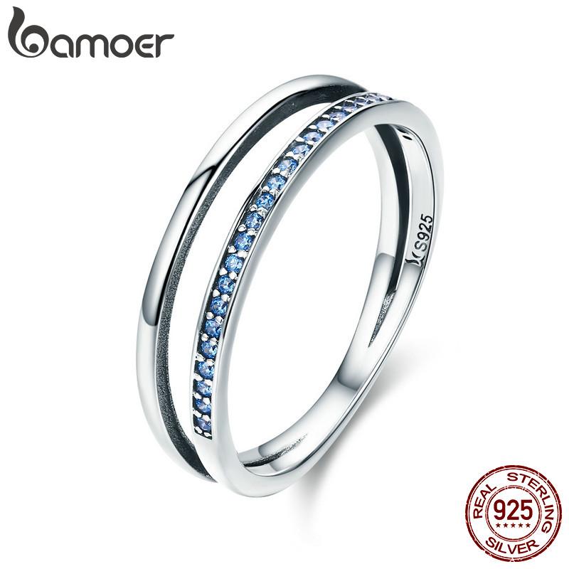 BAMOER 925 Sterling Silver Double Circle Black Clear CZ Stackable Finger Ring SCR082