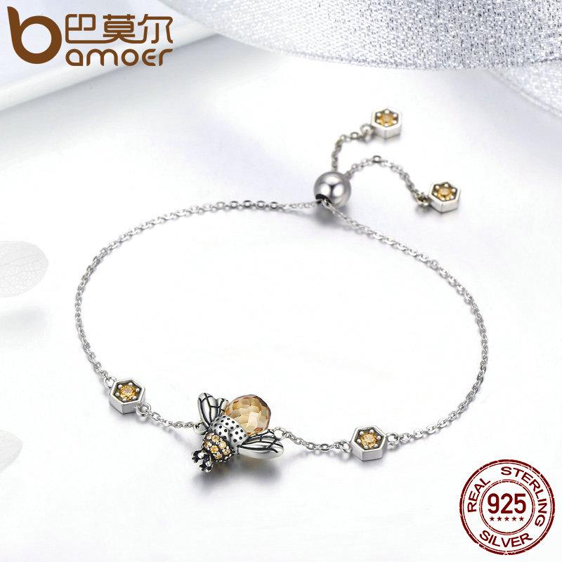 BAMOER 925 Sterling Silver Dancing Honey Bee Chain Link Women Bracelet SCB043