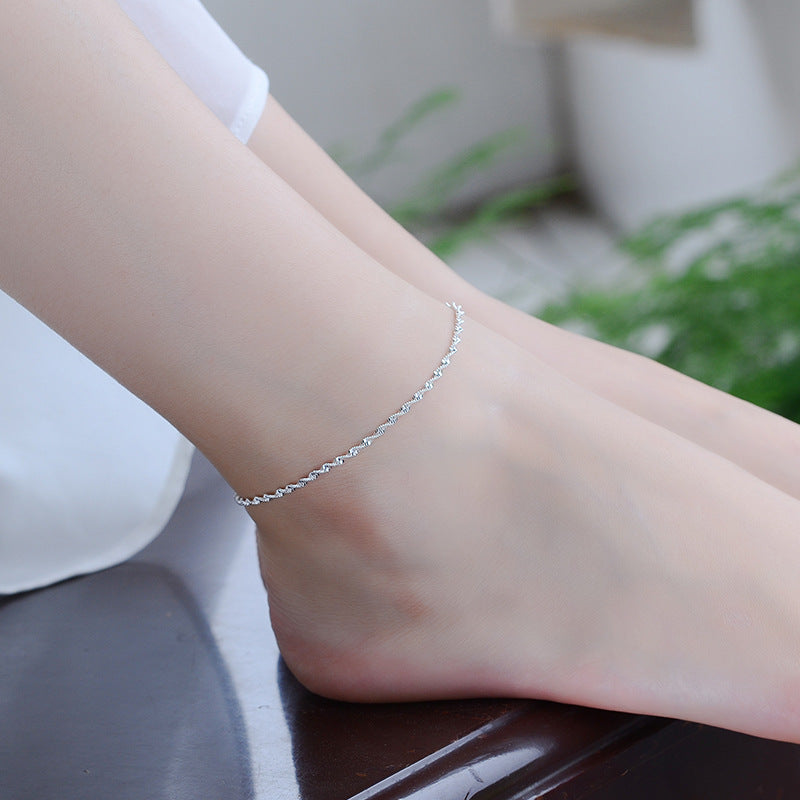 Korean S925 Silver Bracelet Anklet Ladies Wave Water Pattern Jewelry Simple Small Fresh Twisted Rope Thin Chain