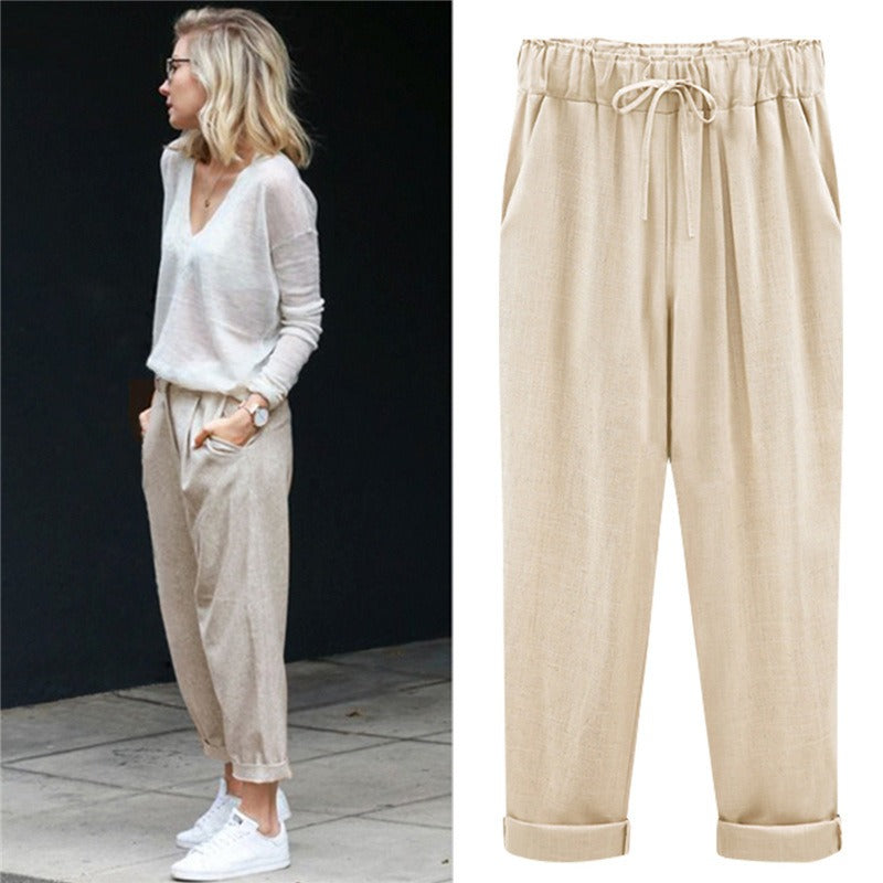 Pants women's cotton and linen cropped pants loose and thin linen women's pants